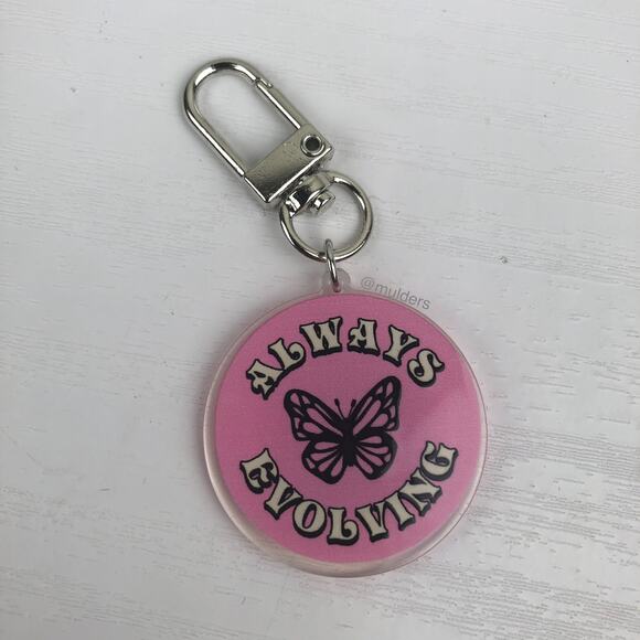Acrylic Pink "Always Evolving" Butterfly Insect Key Chain or Bag Charm - Picture 2 of 5